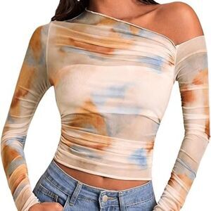 Y2K Asymmetrical Neck Ruched Long Sleeve Crop Top Trendy Slim Fit Party
